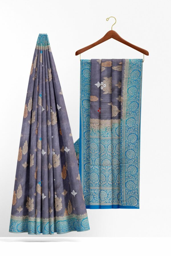 Grey saree with sky blue border - Image 2