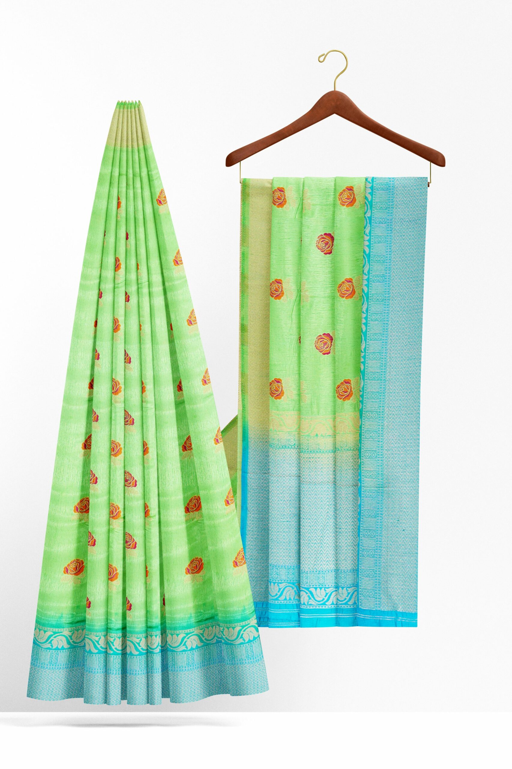 Light green saree with light blue border - Image 2