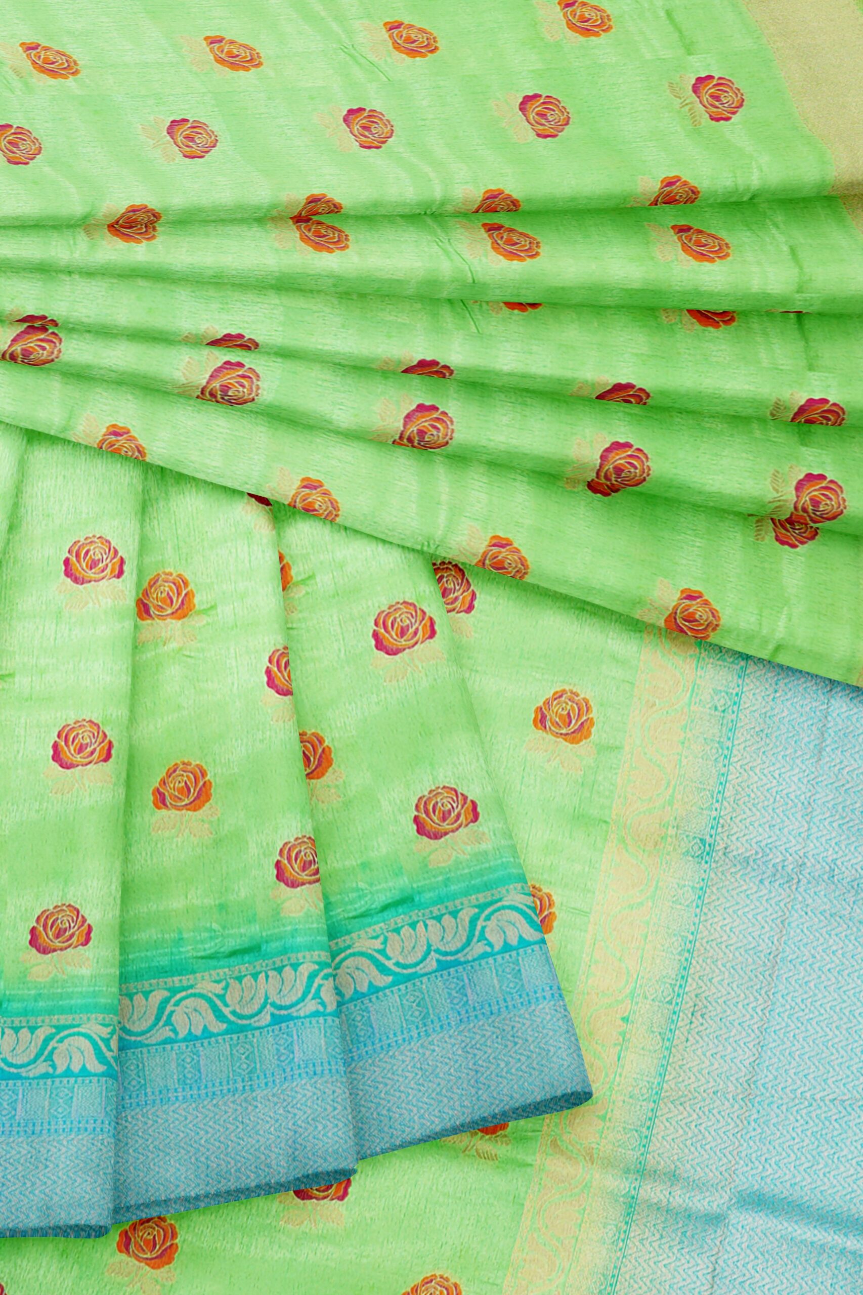 Light green saree with light blue border - Image 5