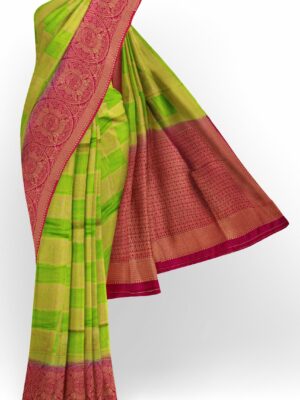 Parrot green checked saree with red border