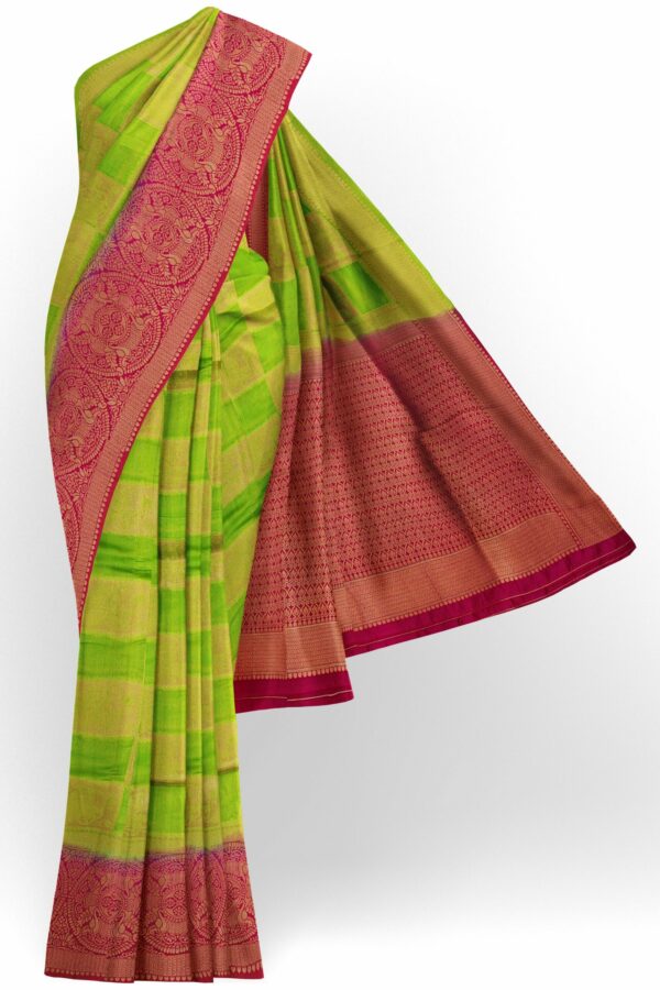 Parrot green checked saree with red border