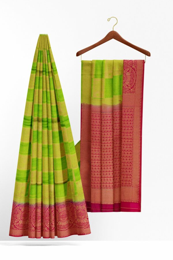Parrot green checked saree with red border - Image 2