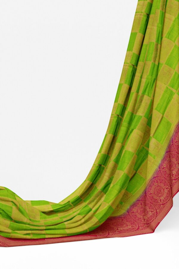 Parrot green checked saree with red border - Image 3