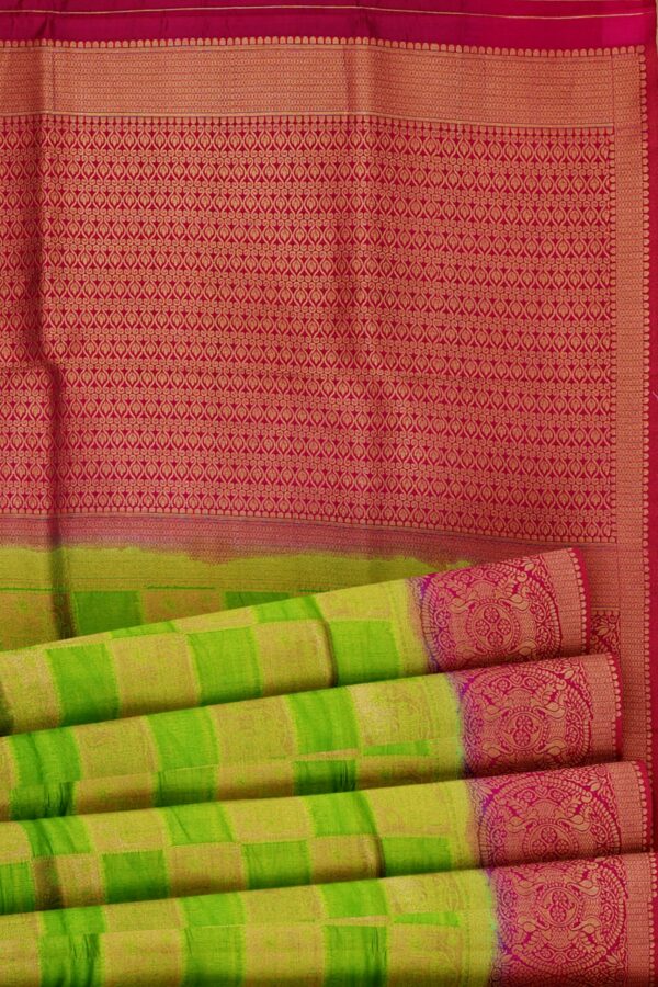 Parrot green checked saree with red border - Image 4