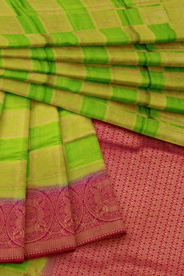 Parrot green checked saree with red border - Image 5
