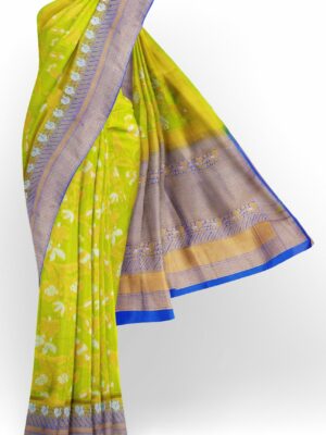 Parrot green saree with golden blue border