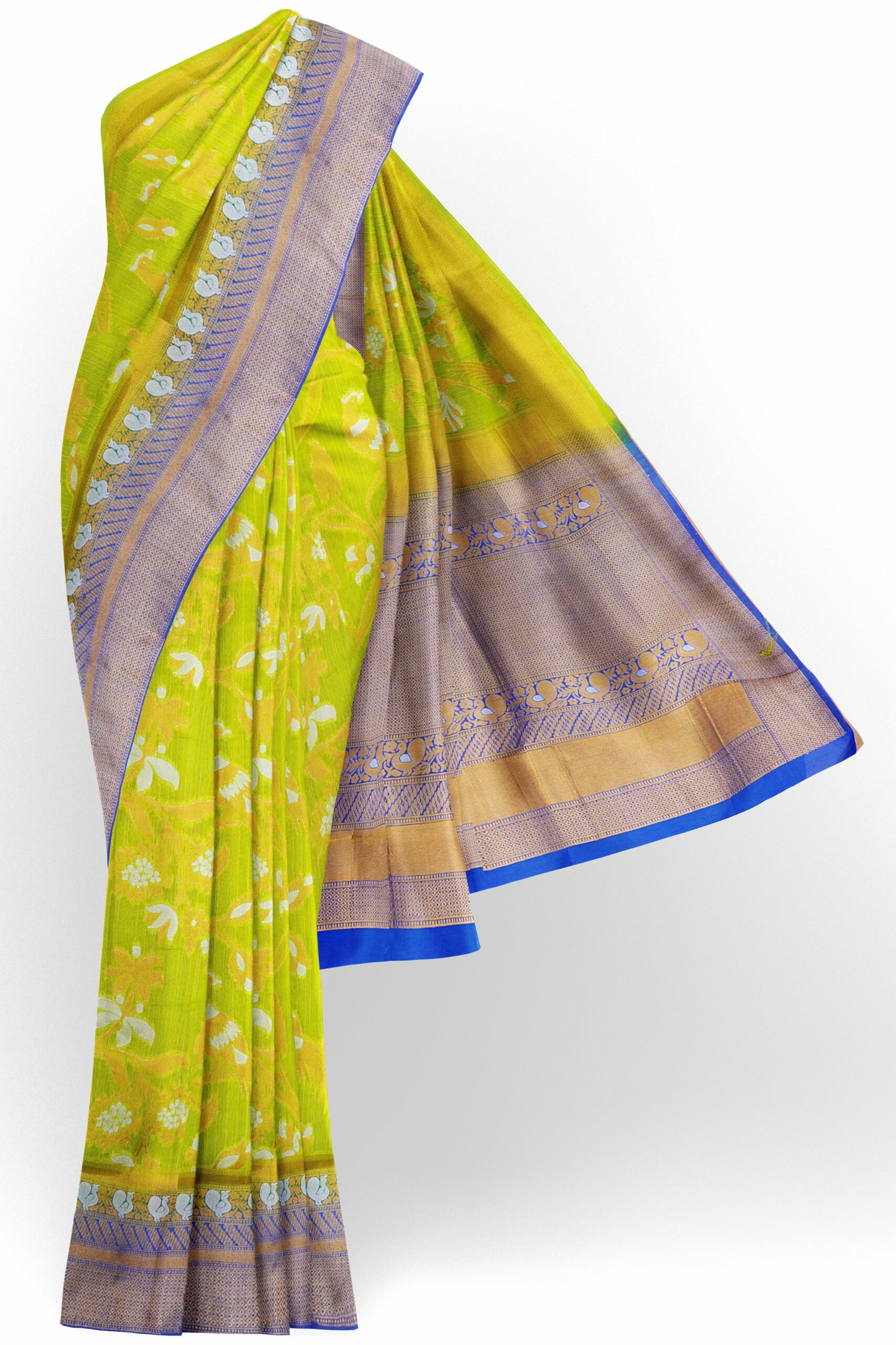 Parrot green saree with golden blue border