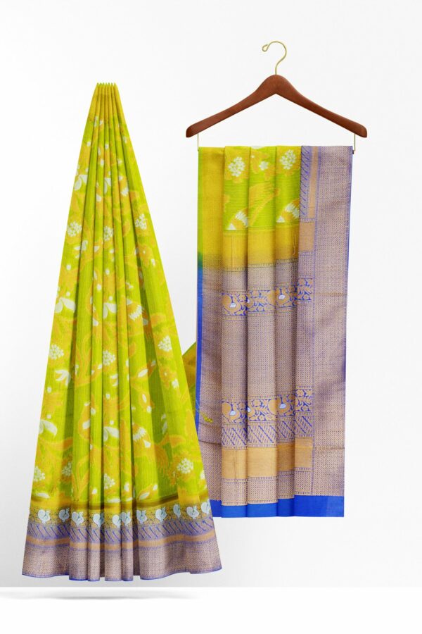 Parrot green saree with golden blue border - Image 2