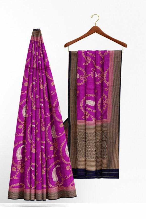 Purple saree with golden dark blue border - Image 2