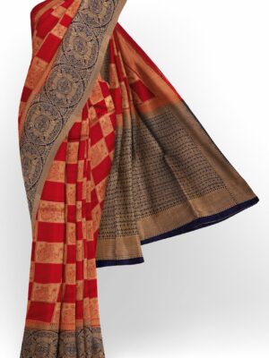 Red checked saree with dark blue border
