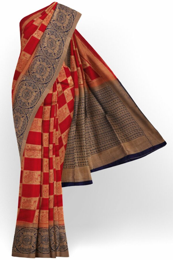 Red checked saree with dark blue border