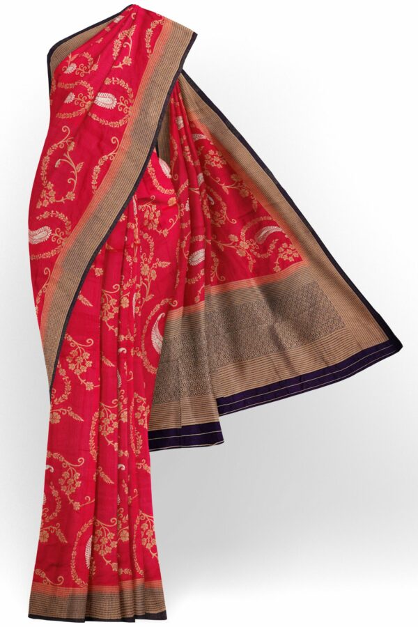 Red saree with golden dark blue border