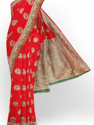 Red saree with golden green border