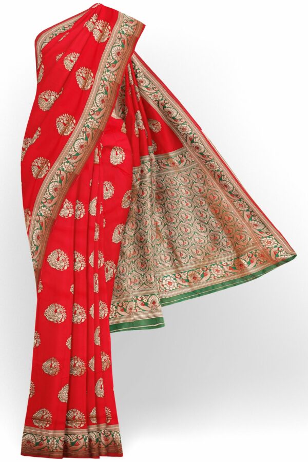 Red saree with golden green border