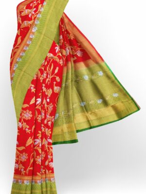 Red saree with parrot green border