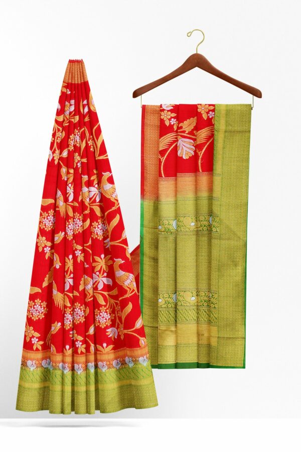Red saree with parrot green border - Image 2