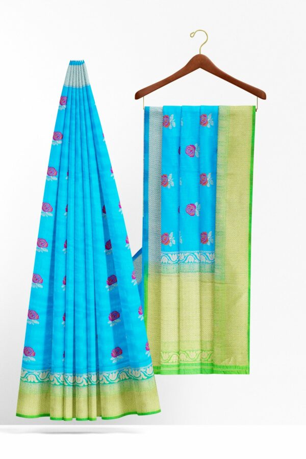 Sky blue saree with light green border - Image 2