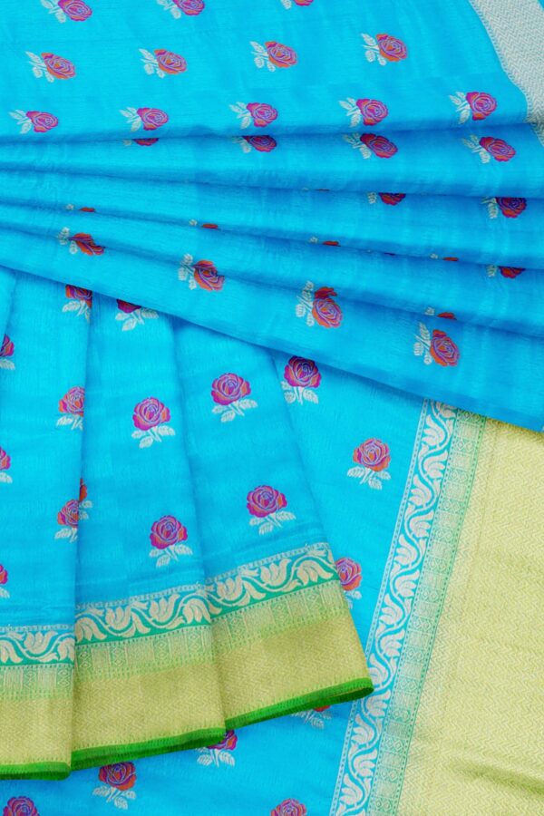 Sky blue saree with light green border - Image 5