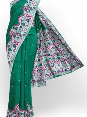 Turquoise blue saree with silver floral border