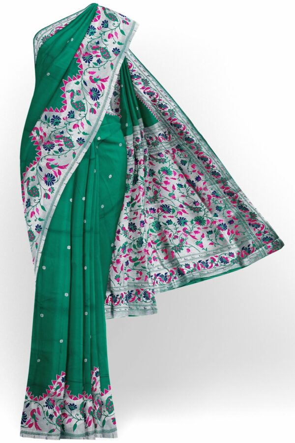 Turquoise blue saree with silver floral border
