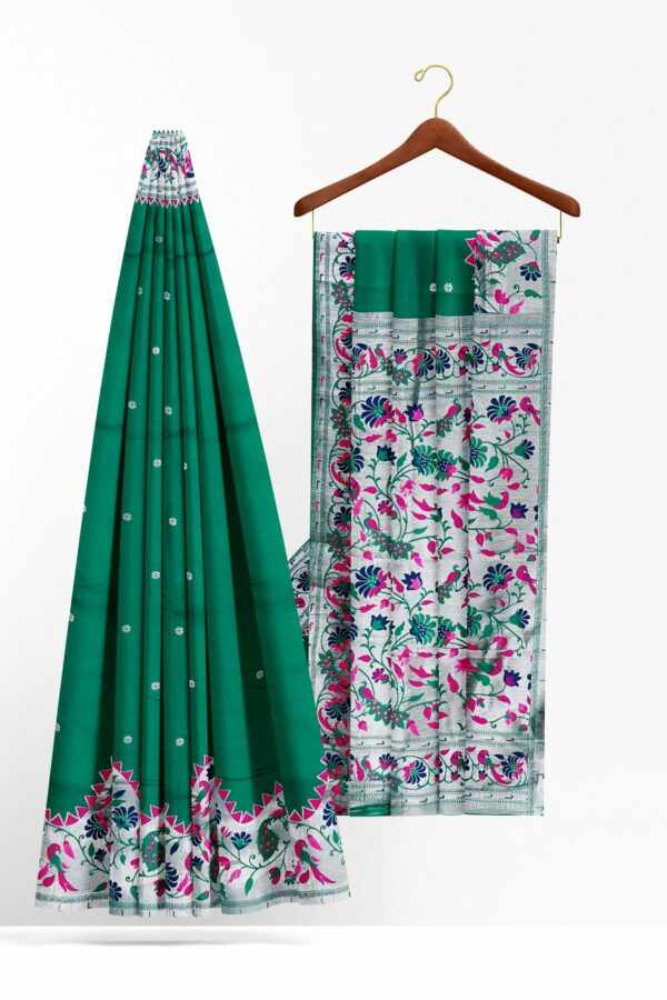 Turquoise blue saree with silver floral border - Image 2