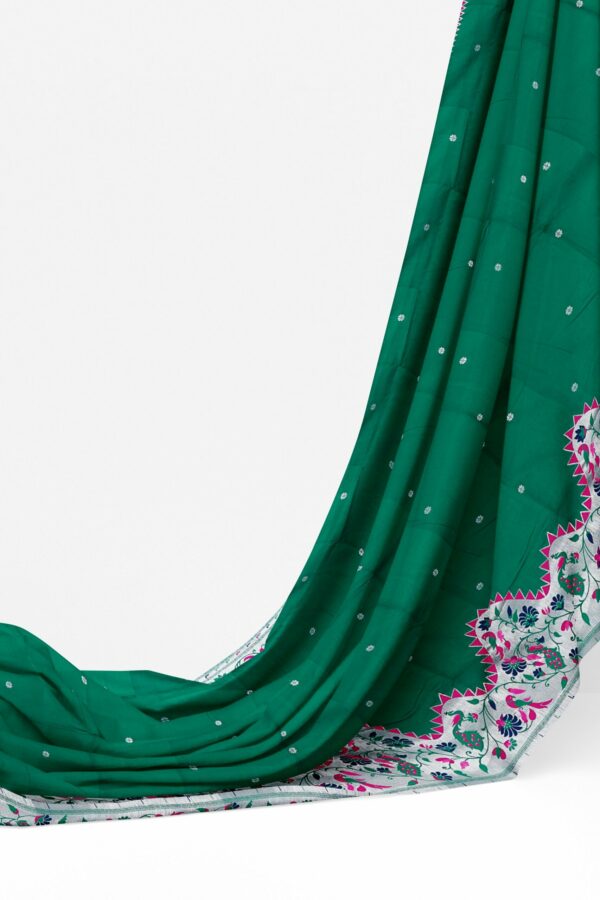 Turquoise blue saree with silver floral border - Image 3