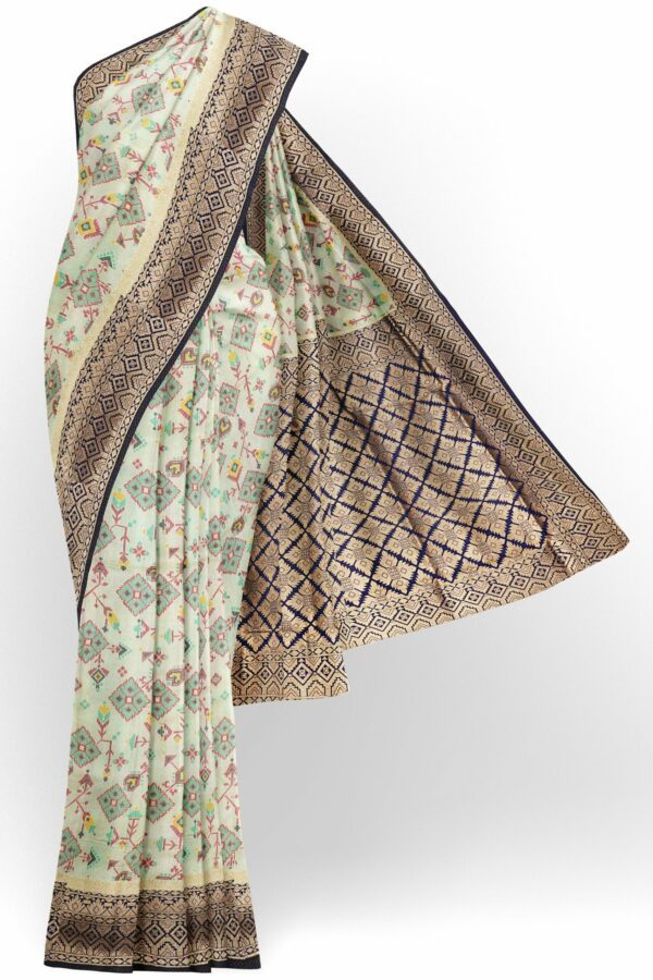 White saree with dark blue golden border