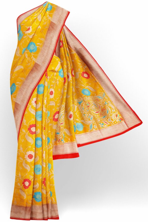Yellow saree with golden red border
