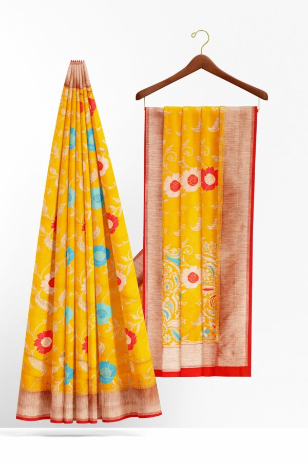 Yellow saree with golden red border - Image 2