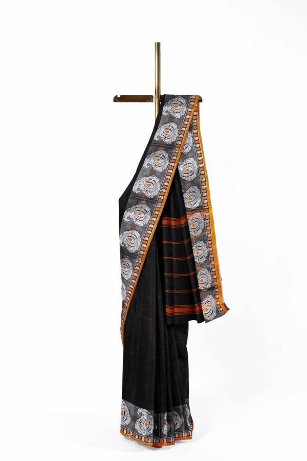 Black saree with orange silver border - Image 2
