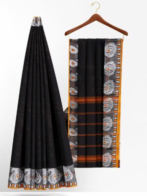 Black saree with orange silver border