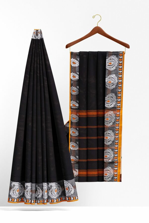 Black saree with orange silver border