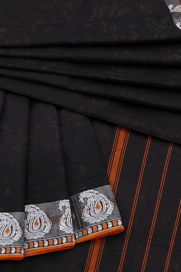 Black saree with orange silver border - Image 5