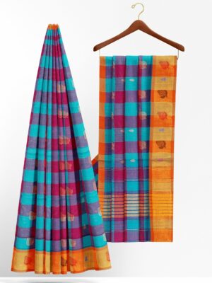 Blue checked saree with orange border