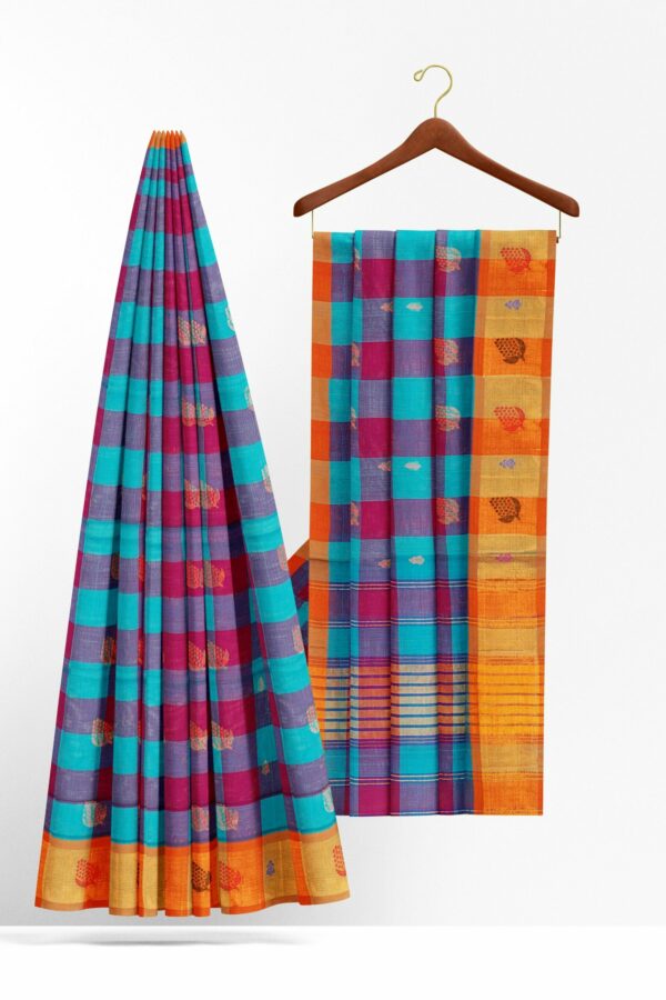 Blue checked saree with orange border