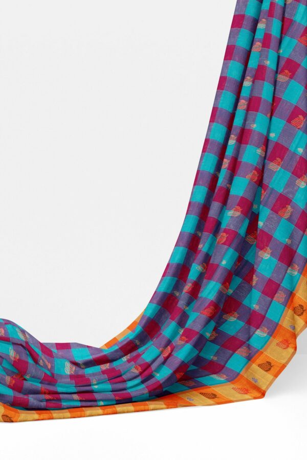 Blue checked saree with orange border - Image 3