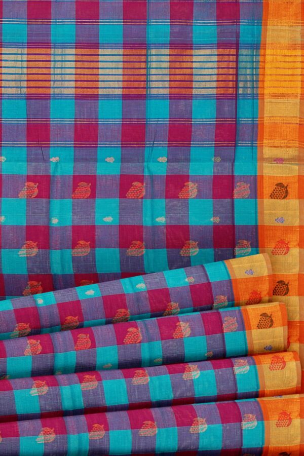 Blue checked saree with orange border - Image 4