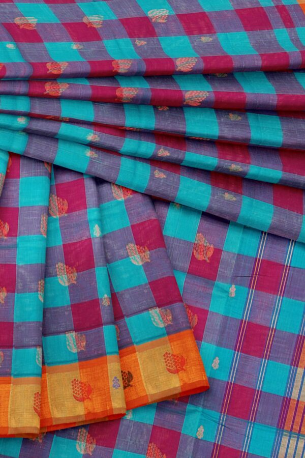 Blue checked saree with orange border - Image 5