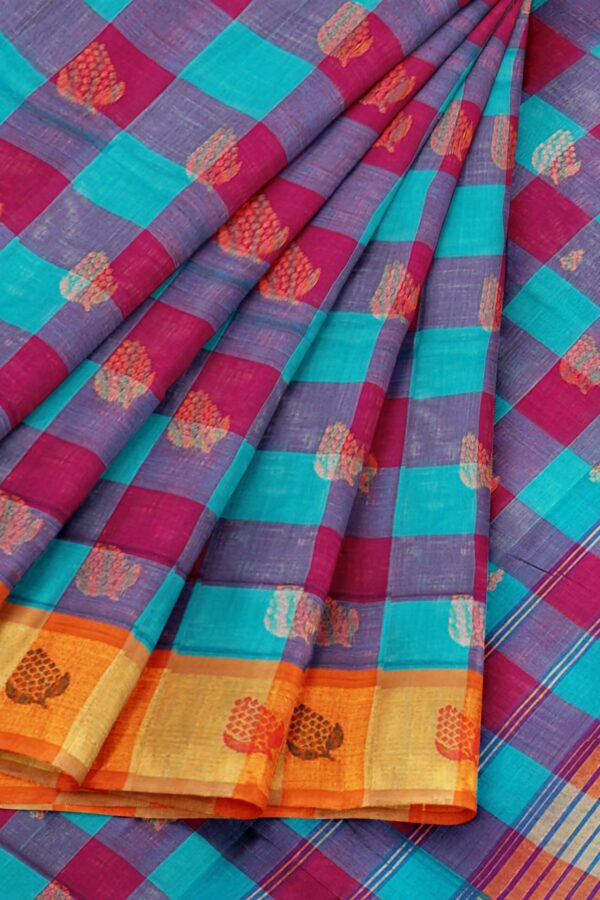Blue checked saree with orange border - Image 6