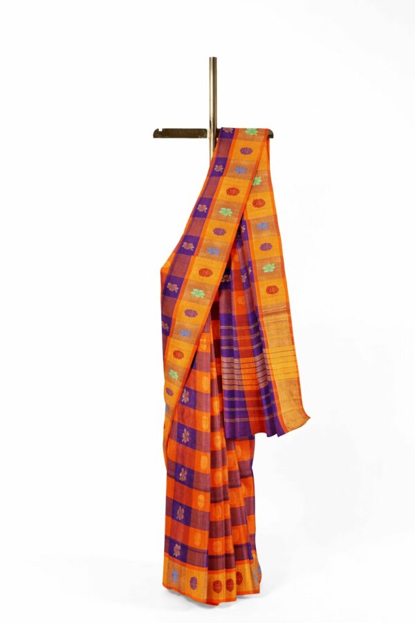 Blue orange checked saree with yellow border - Image 2