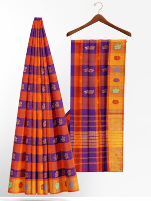 Blue orange checked saree with yellow border