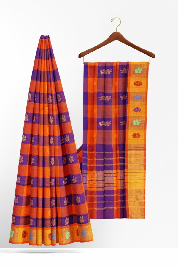 Blue orange checked saree with yellow border