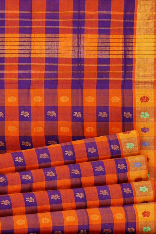 Blue orange checked saree with yellow border - Image 4