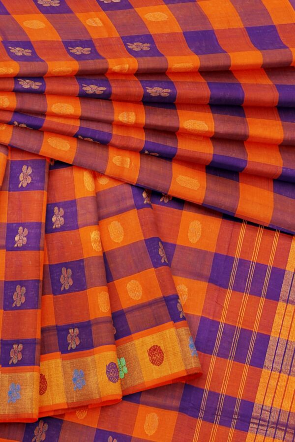 Blue orange checked saree with yellow border - Image 5