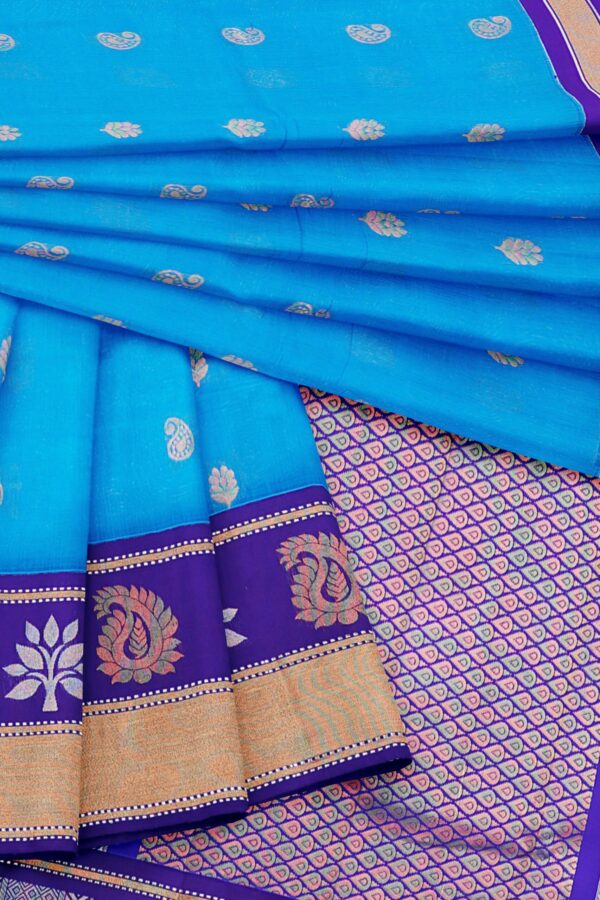 Blue saree with purple border - Image 5