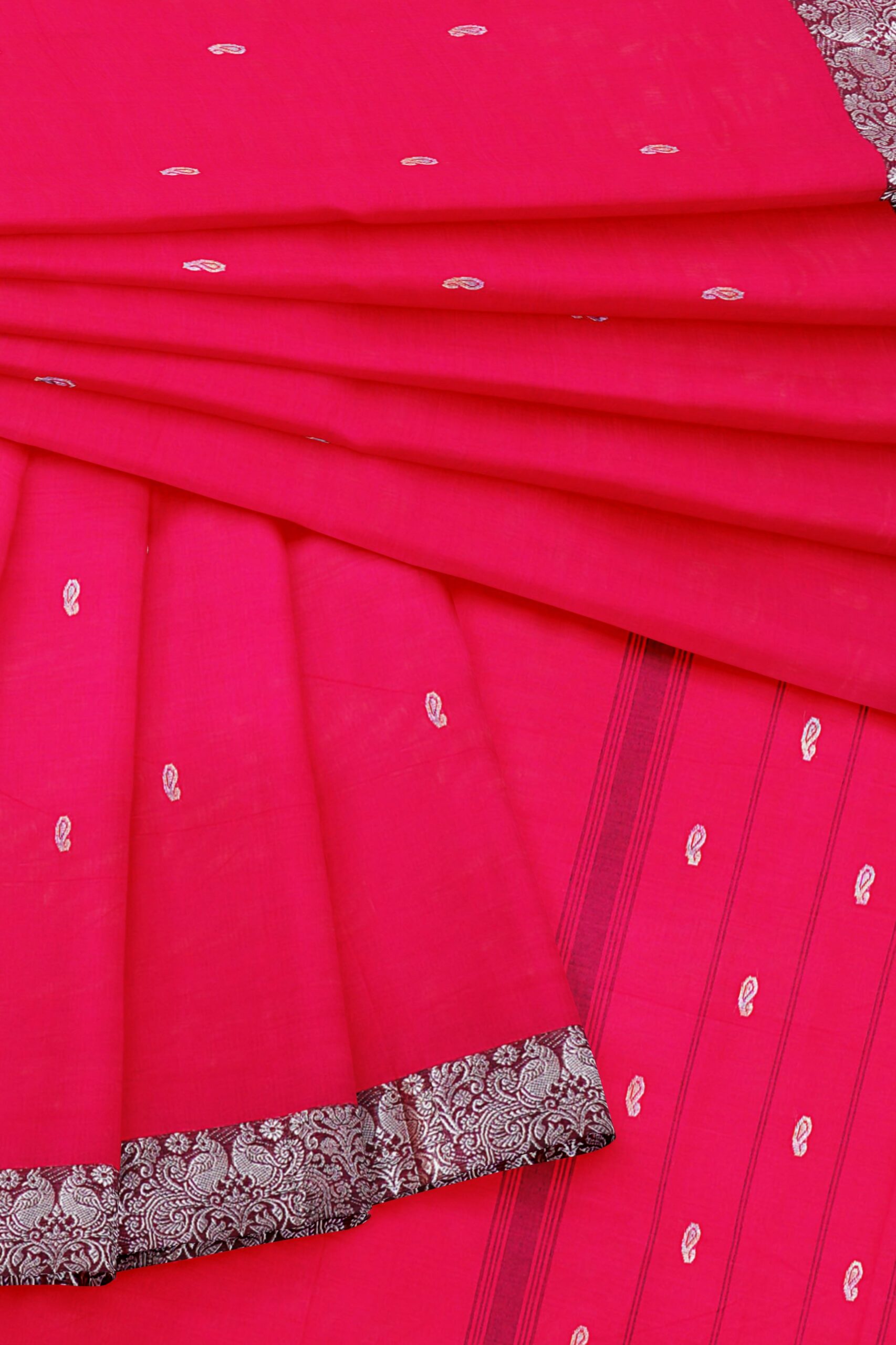 Dark Pink Saree with Maroon Silver border - Image 5