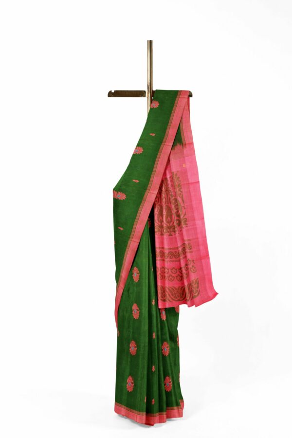 Green saree with pink border - Image 2
