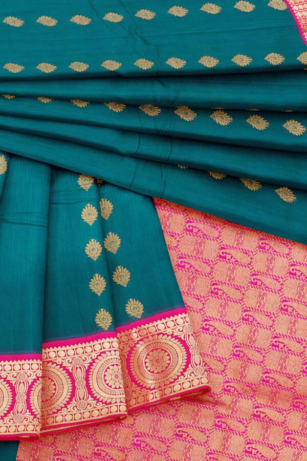 Green saree with pink border - Image 5
