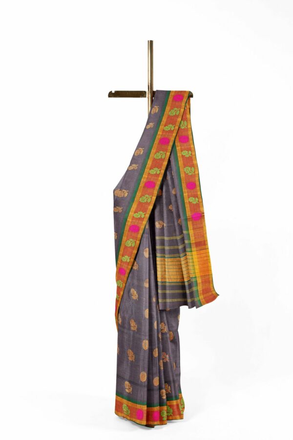 Grey saree with orange border - Image 2