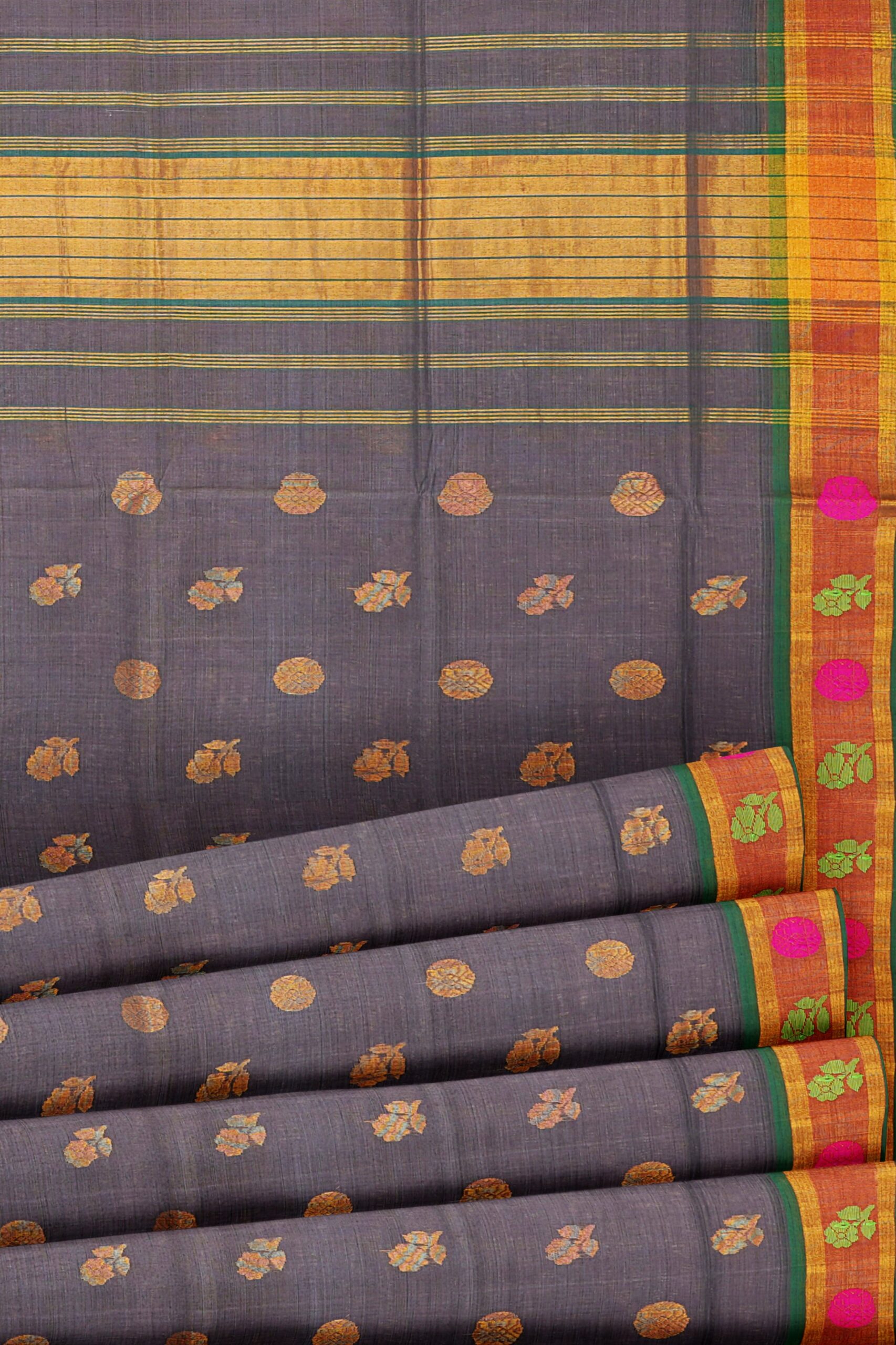 Grey saree with orange border - Image 4